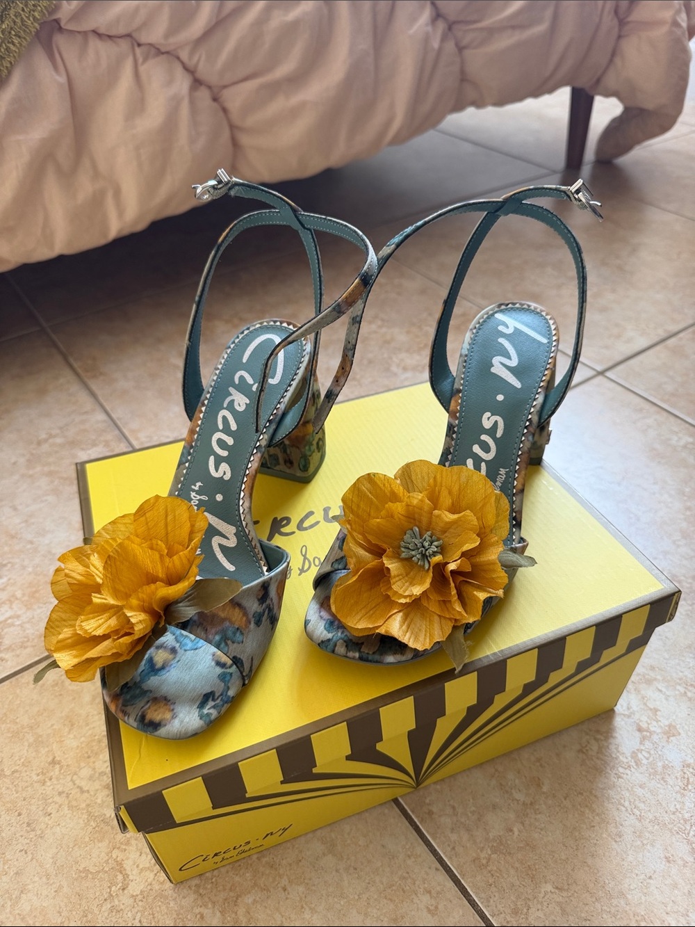 Circus by Sam Edelman Teal Floral Slingback Heels with Mustard Flower